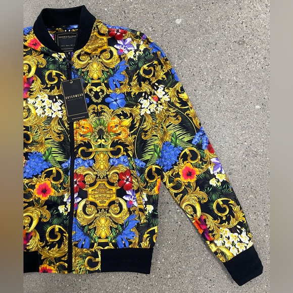 NWT Denim & Flower Ricky Singh Full Zip Floral Bomber Jacket Gold/Black Versace - Picture 6 of 14